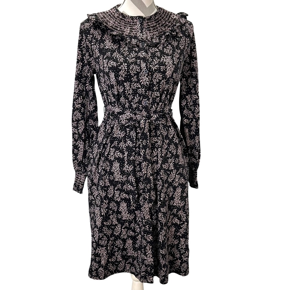 Boden Black Floral Midi Dress Smocked Neckline Button‎ Front Belted Long Sleeve
